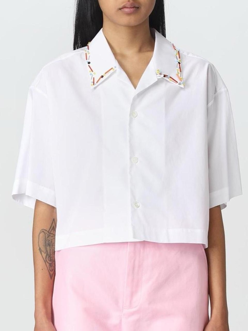 Marni Cropped White Bowling Shirt with Embellished Collar